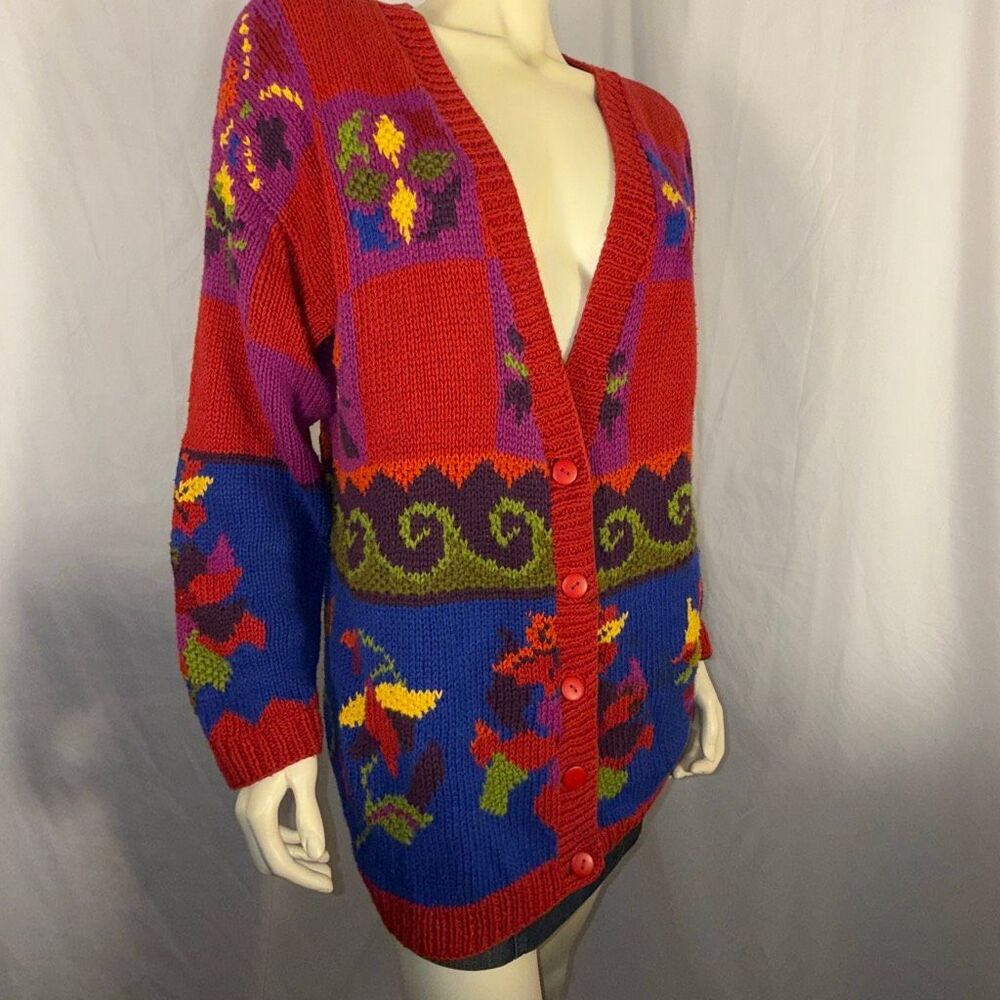 Vintage Jacquelyn by Browne Colorblock Floral Knit Cardigan Sweater | 80s 90s Bo - Picture 2 of 14
